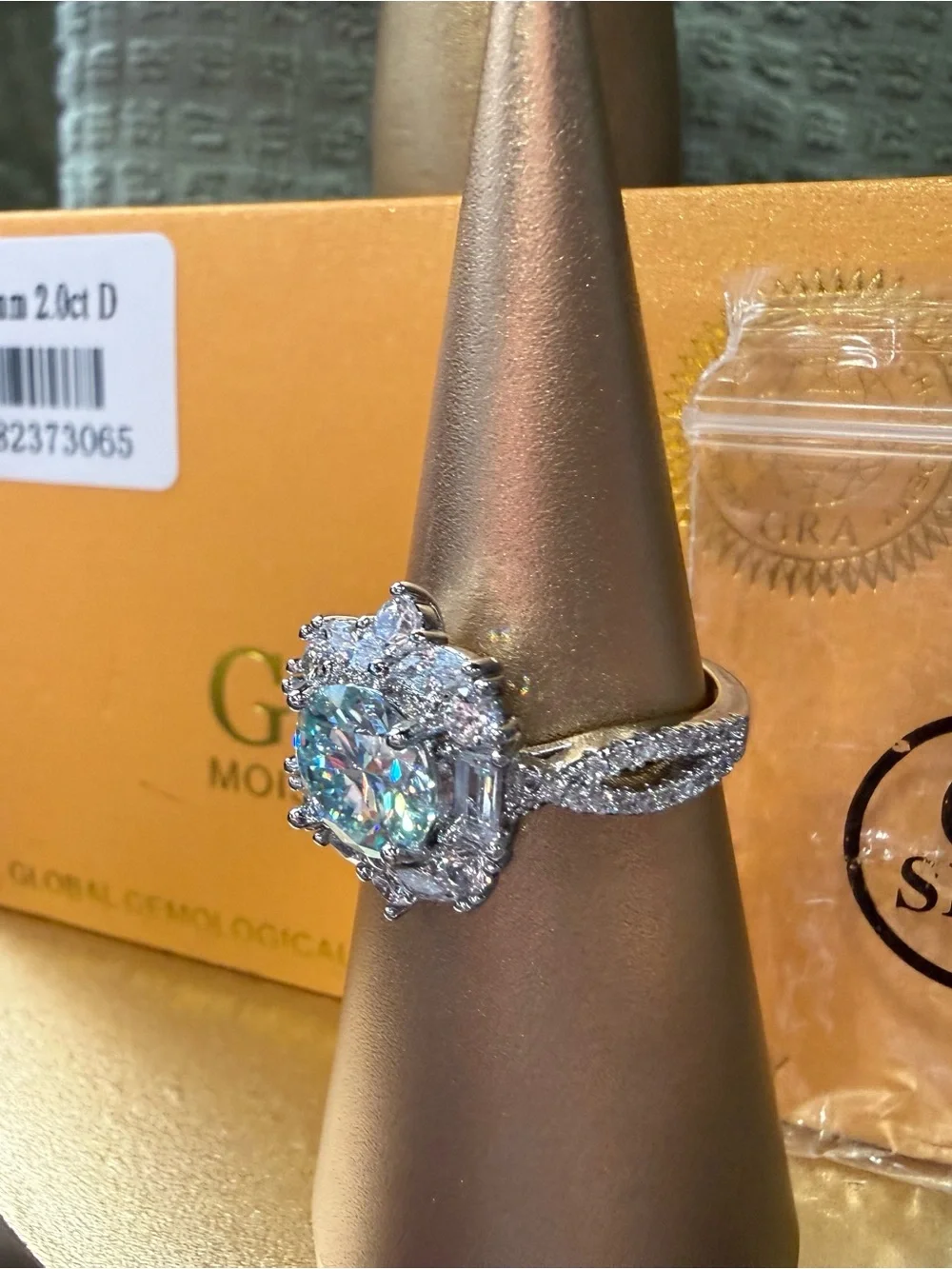 Moissanite Halo Engagement Ring in Silver with Clear Center Stone